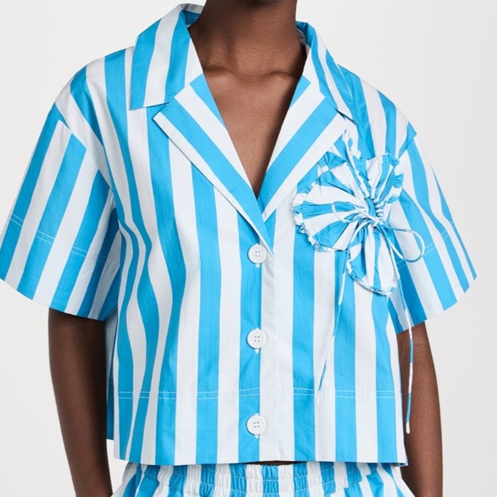 RHODE Blue and White Striped Button Up Blouse with Flower Detail